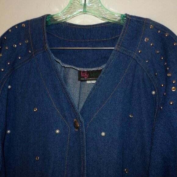 Vintage Pinky West Pearl & Studs Embellished Denim Shirt Sz L - Picture 2 of 6